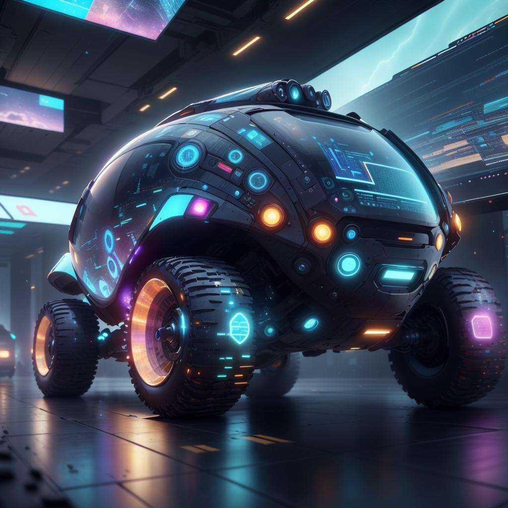 <lora:AdsTech-20:0.9>, adstech , scifi,   colorful symbols,  hologram,ground vehicle, 