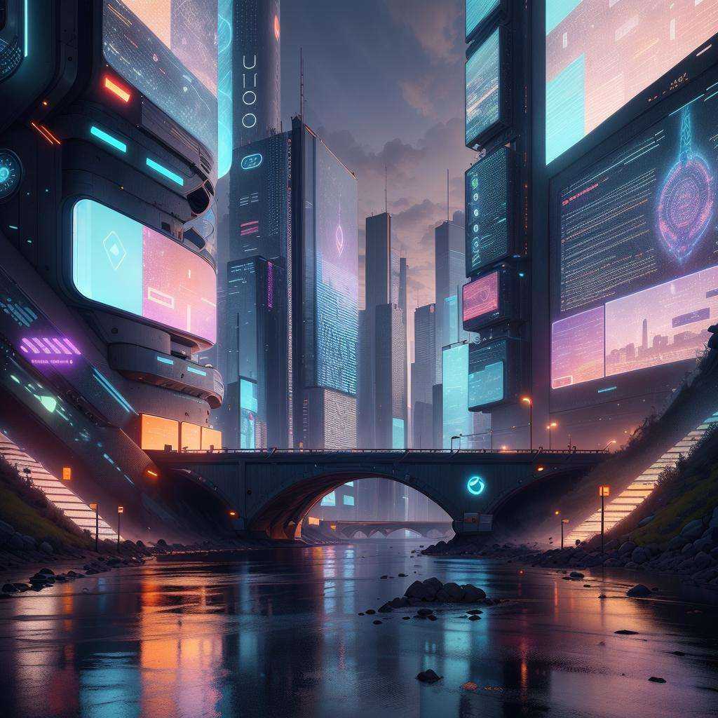 <lora:AdsTech-20:0.9>, adstech , scifi,   colorful symbols),  hologram,   city , bridge, river 