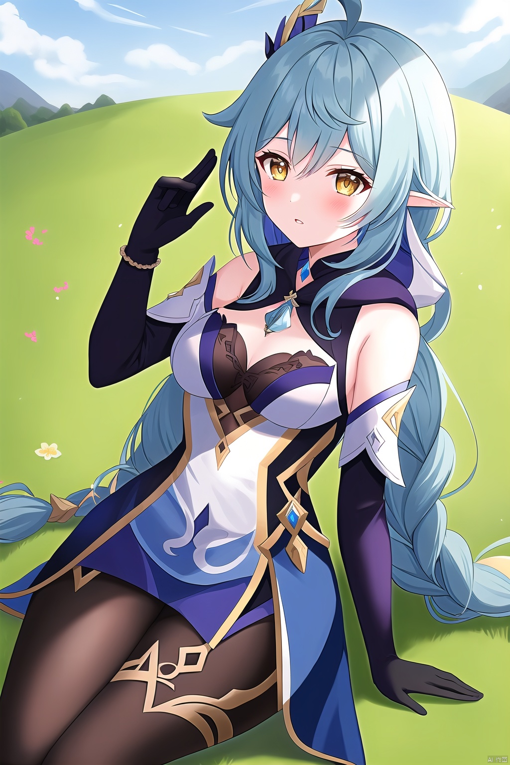  1girl, long hair, bangs, blonde hair, gloves, long sleeves, 1boy, dress, hair between eyes, bare shoulders, very long hair, blue hair, yellow eyes, braid, ahoge, pantyhose, outdoors, parted lips, detached sleeves, pointy ears, black gloves, hood, looking at another, single braid, drill hair, aether \(genshin impact\), masterpiece