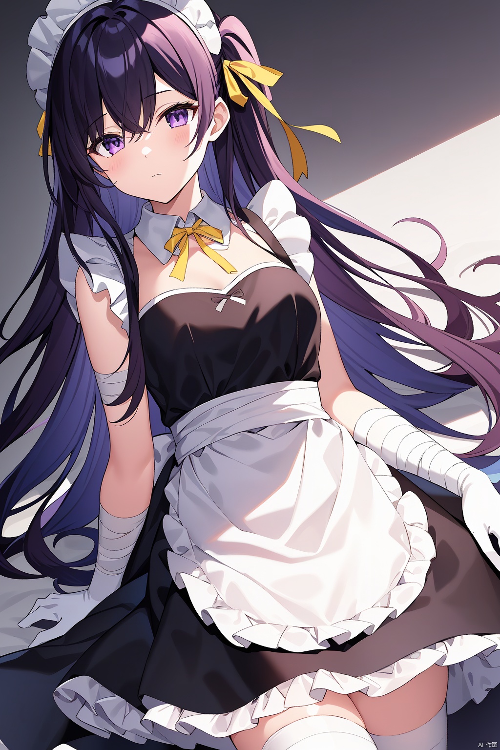  1girl, solo, long hair, looking at viewer, bangs, black hair, gloves, dress, ribbon, hair between eyes, closed mouth, purple eyes, purple hair, flower, multicolored hair, frills, black gloves, hand up, apron, black dress, two-tone hair, maid, maid headdress, neck ribbon, one side up, bandages, white flower, white apron, maid apron, frilled apron, yellow ribbon, colored inner hair, bandaged arm, collared dress, pink fantasy, jinlanshan, lbb, JHJH,((masterpiece)), ((best quality)), ((illustration)), extremely detailed, fensehuanxiang,pink fantasy,cat,abstract background,yellow and purple
