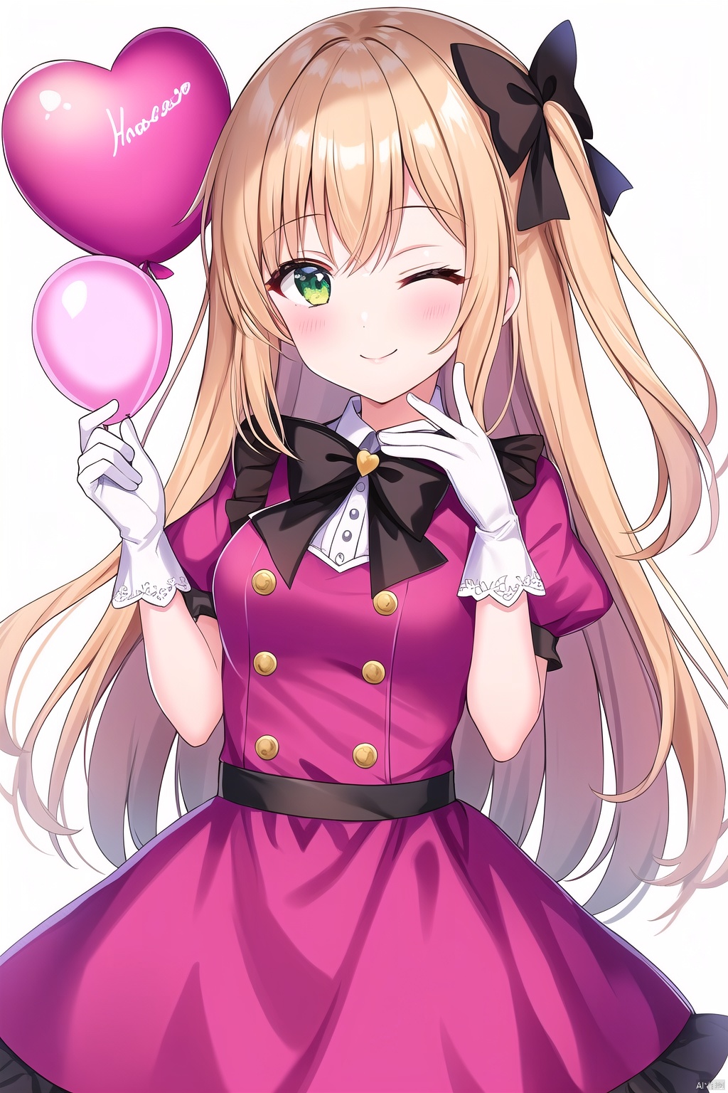  1girl, solo, long hair, looking at viewer, blush, smile, bangs, blonde hair, gloves, white background, dress, bow, holding, very long hair, closed mouth, short sleeves, hair bow, heart, one eye closed, puffy sleeves, white gloves, two side up, puffy short sleeves, hands up, black bow, pink bow, pink dress, ;\), balloon, holding balloon, heart balloon, masterpiece
