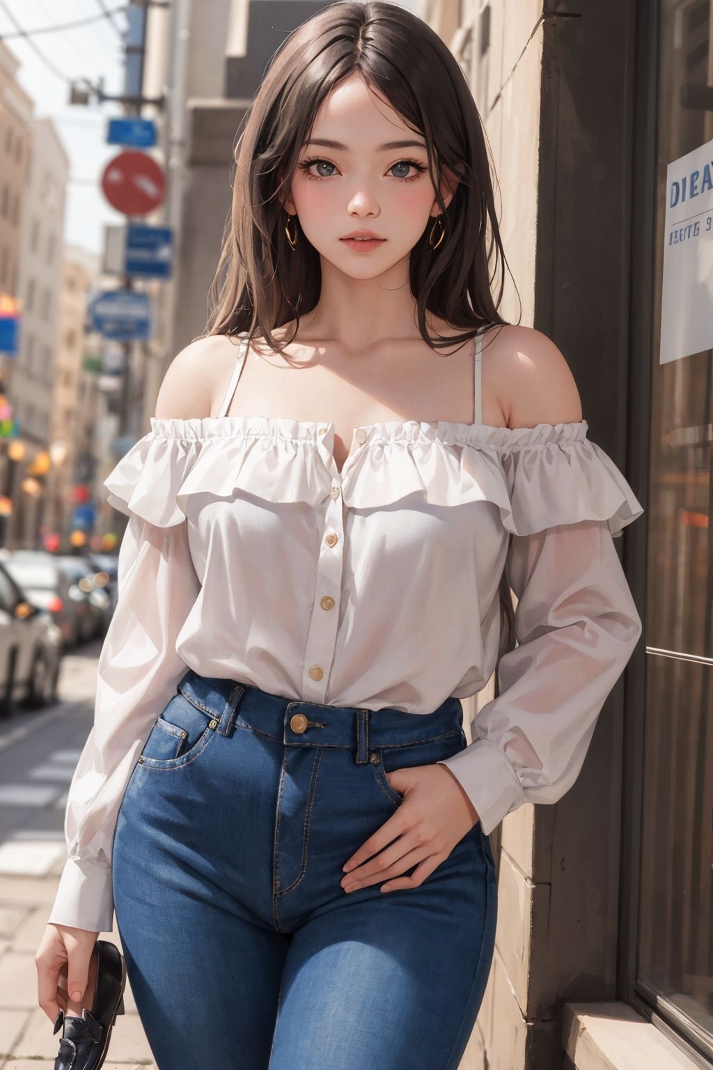((masterpiece, best quality, detailed)), (realistic:1.3), beautiful and aesthetic, hires, bokeh, depth of field, HDR,
1girl, Off-the-shoulder blouse, high-waisted pants, and loafers, posing for a picture, professional photoshoot,
