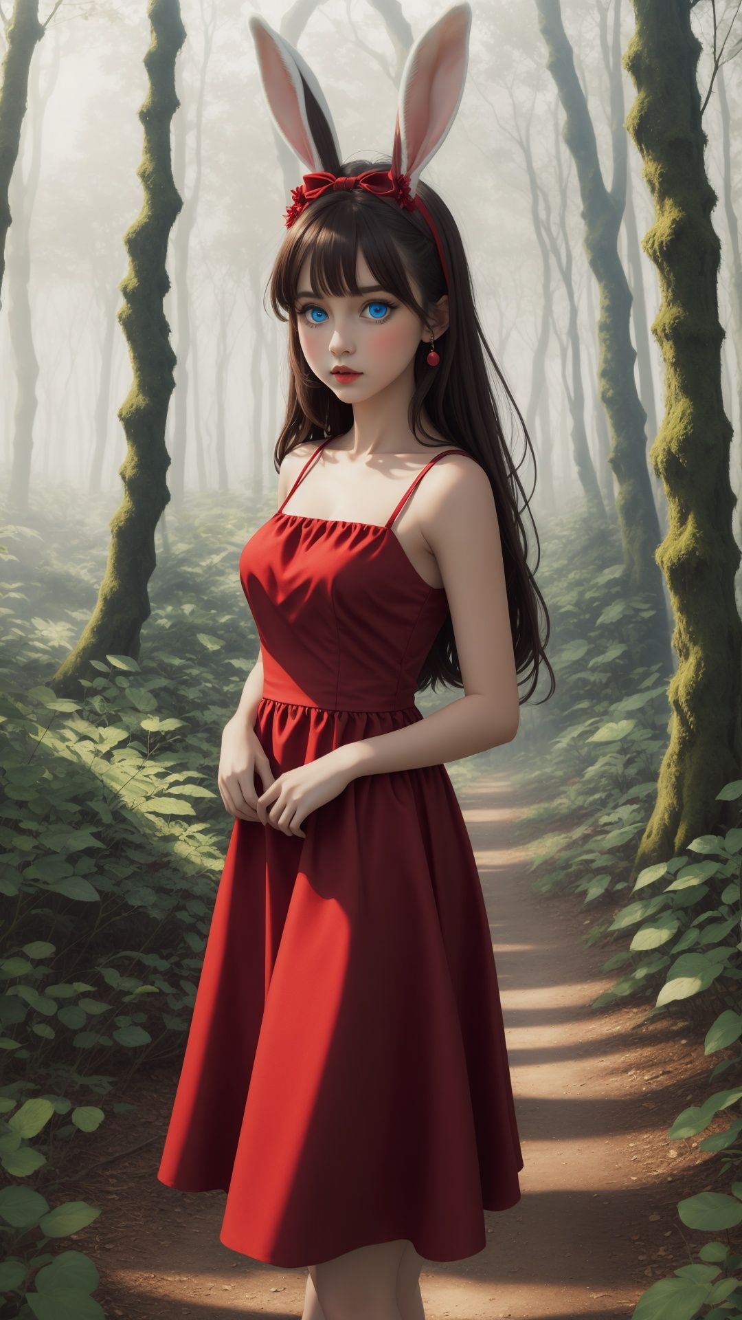 A girl rabbit with big blue eyes and a red dress in a dreamy forest by Ai Art Vision on Tensor.Art