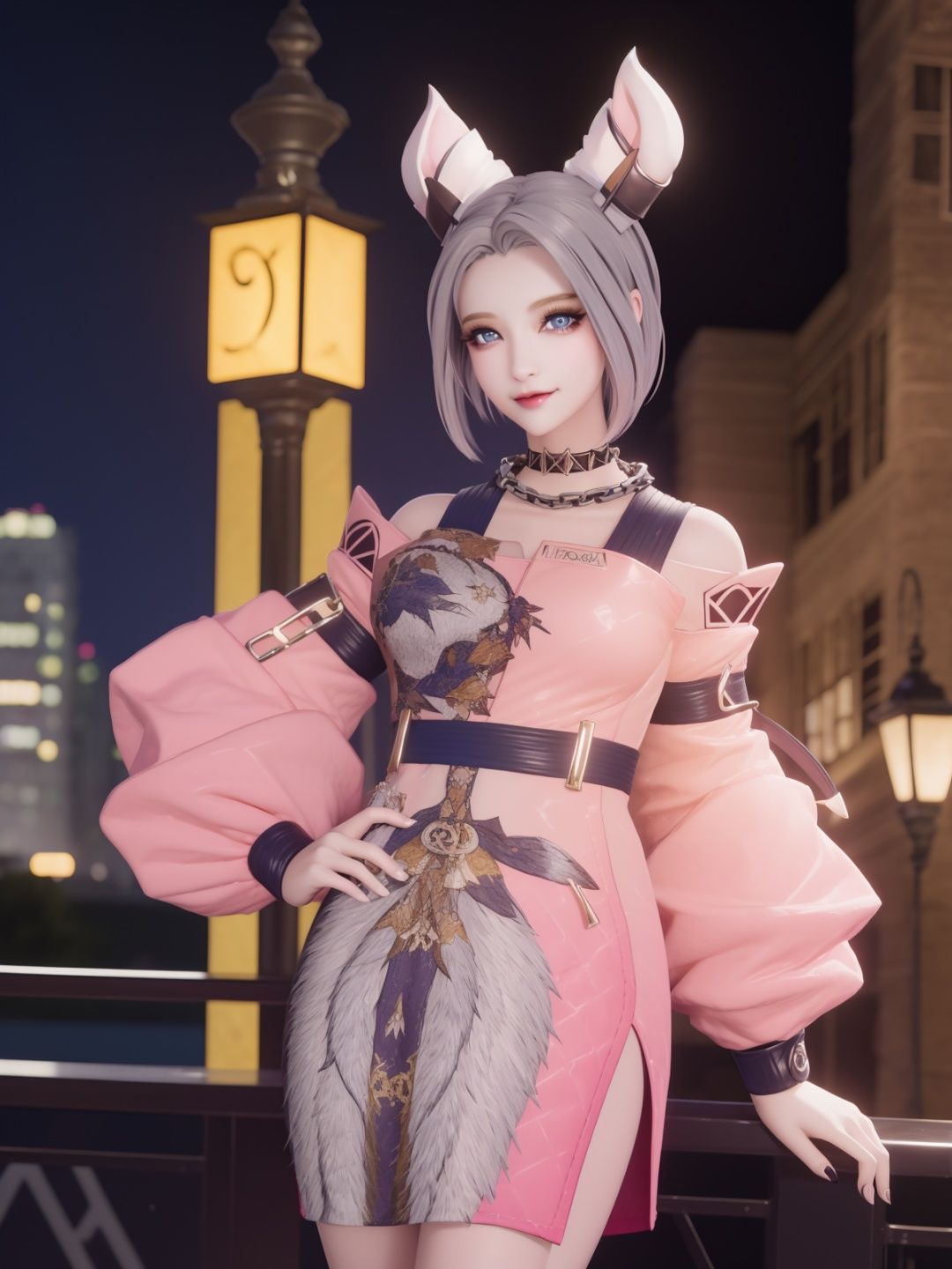 WZRYgongsunliWXXSG, 1girl, solo, looking at viewer,blue eyes, short hair, dress, grey hair, breasts,puffy sleeves,choker,chain necklace, cityscape, night,makeup, eyelashes,  <lora:WZRYgongsunliWXXSG:0.75>,light smile, hand on hip,small breasts, 