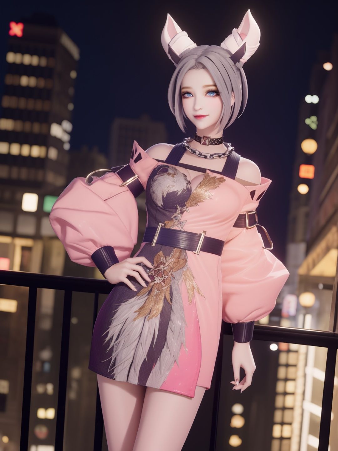 WZRYgongsunliWXXSG, 1girl, solo, looking at viewer,blue eyes, short hair, dress, grey hair, breasts,puffy sleeves,choker,chain necklace, cityscape, night,makeup, eyelashes,  <lora:WZRYgongsunliWXXSG:0.75>,light smile, hand on hip,small breasts, 