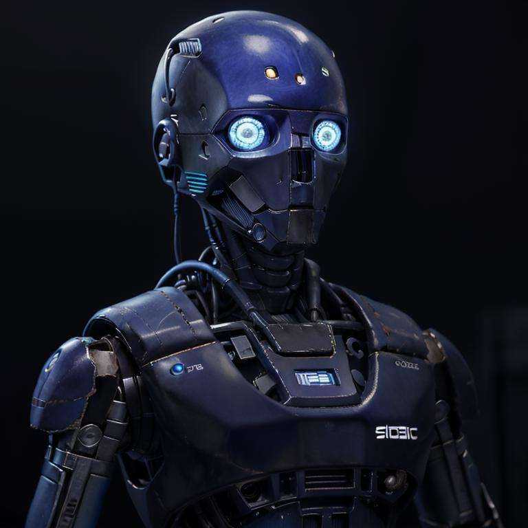 Portrait of Robot droid with blue light on its smooth face and  cable on the body  <lora:Droid V2:0.5> look up