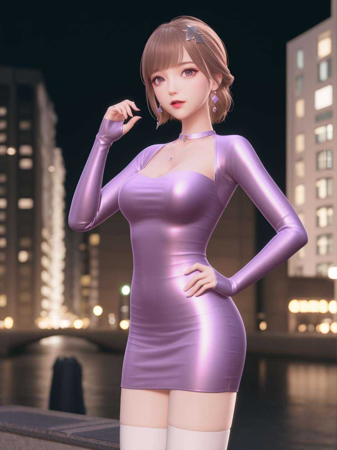SYNNmimengye, 1girl, solo, jewelry,purple eyes, brown hair, earrings, breasts,white thighhighs, necklace,hair ornament,bangs, short hair, long sleeves, purple dress,  <lora:SYNNmimengye:0.75>,cityscape, night,looking at viewer, mature female, hand on hip, obesity,