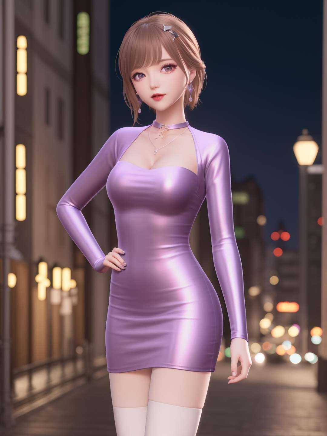 SYNNmimengye, 1girl, solo, jewelry,purple eyes, brown hair, earrings, breasts,white thighhighs, necklace,hair ornament,bangs, short hair, long sleeves, purple dress,  <lora:SYNNmimengye:0.75>,cityscape, night,looking at viewer, mature female, hand on hip, obesity,
