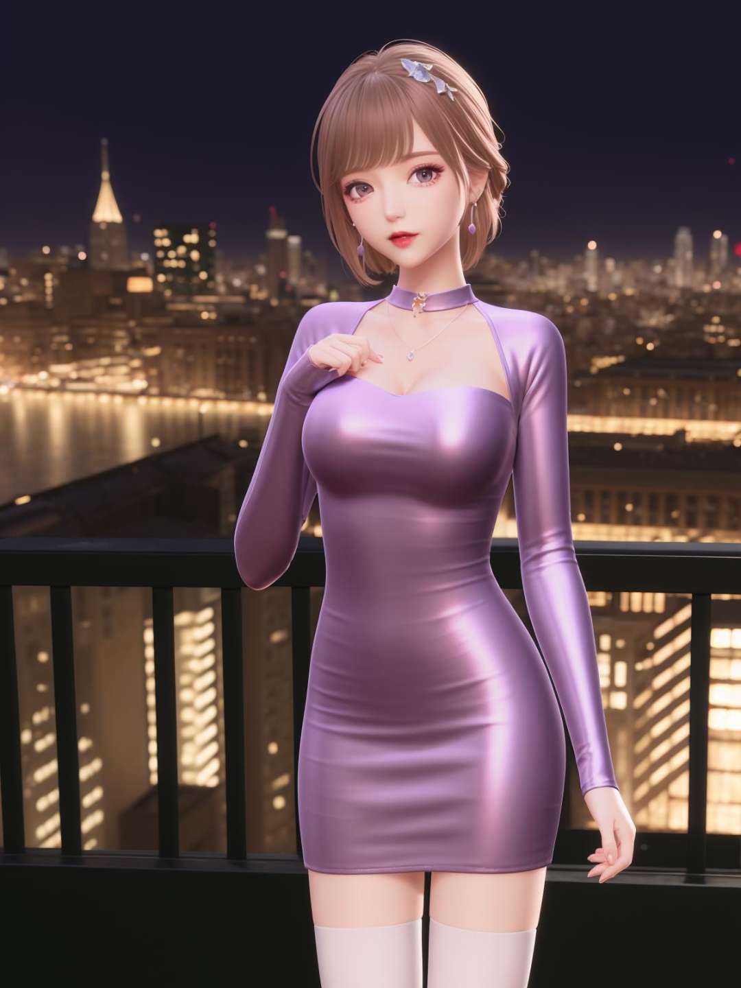 SYNNmimengye, 1girl, solo, jewelry,purple eyes, brown hair, earrings, breasts,white thighhighs, necklace,hair ornament,bangs, short hair, long sleeves, purple dress,  <lora:SYNNmimengye:0.75>,cityscape, night,looking at viewer, mature female, hand on hip, obesity,