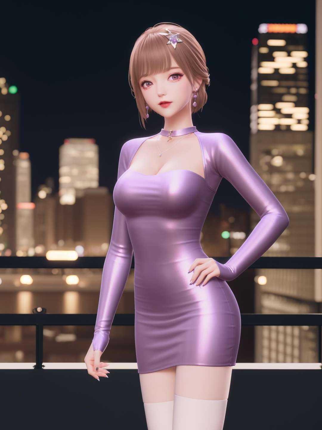 SYNNmimengye, 1girl, solo, jewelry,purple eyes, brown hair, earrings, breasts,white thighhighs, necklace,hair ornament,bangs, short hair, long sleeves, purple dress,  <lora:SYNNmimengye:0.75>,cityscape, night,looking at viewer, mature female, hand on hip, obesity,