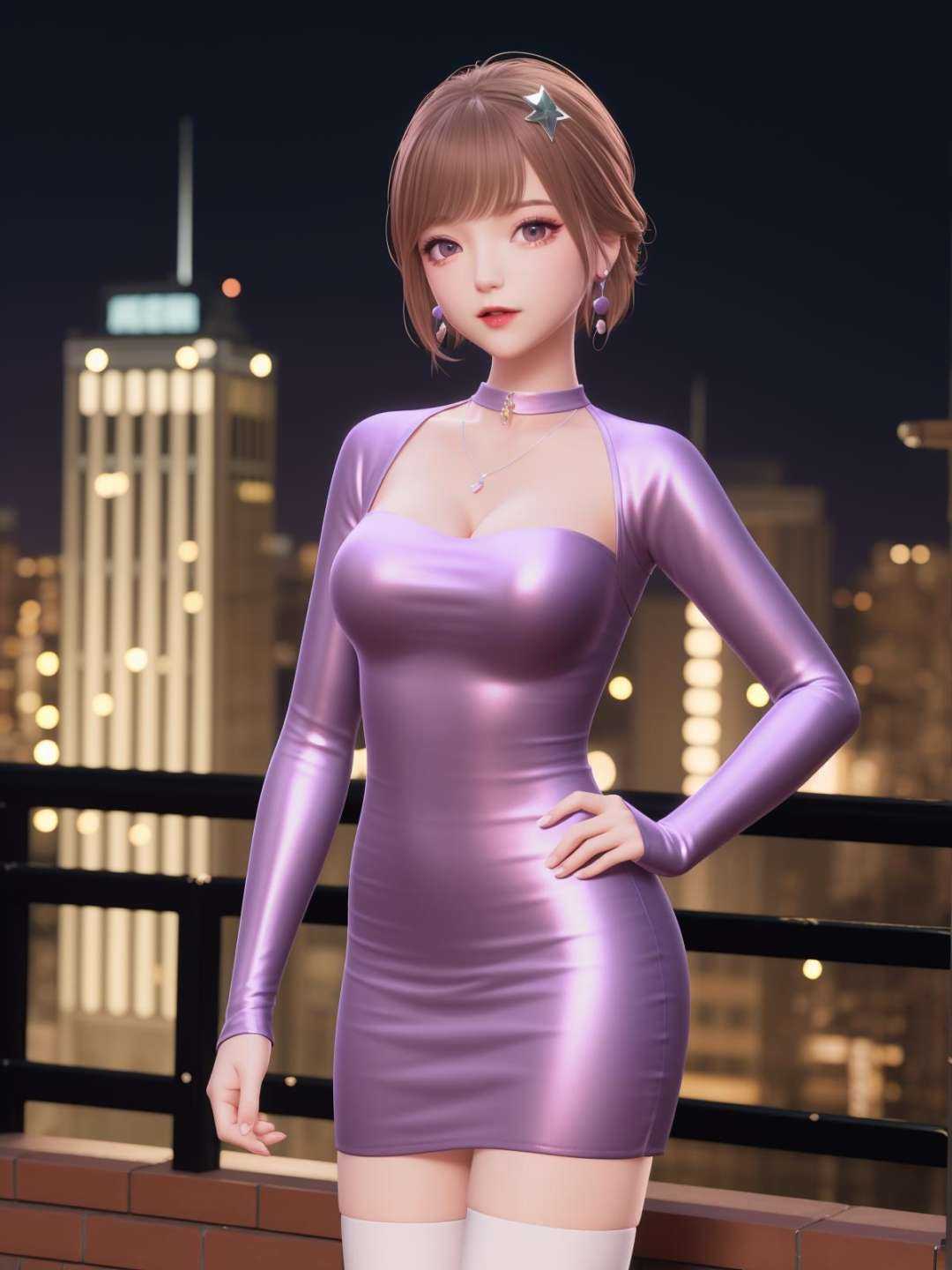 SYNNmimengye, 1girl, solo, jewelry,purple eyes, brown hair, earrings, breasts,white thighhighs, necklace,hair ornament,bangs, short hair, long sleeves, purple dress,  <lora:SYNNmimengye:0.75>,cityscape, night,looking at viewer, mature female, hand on hip, obesity,