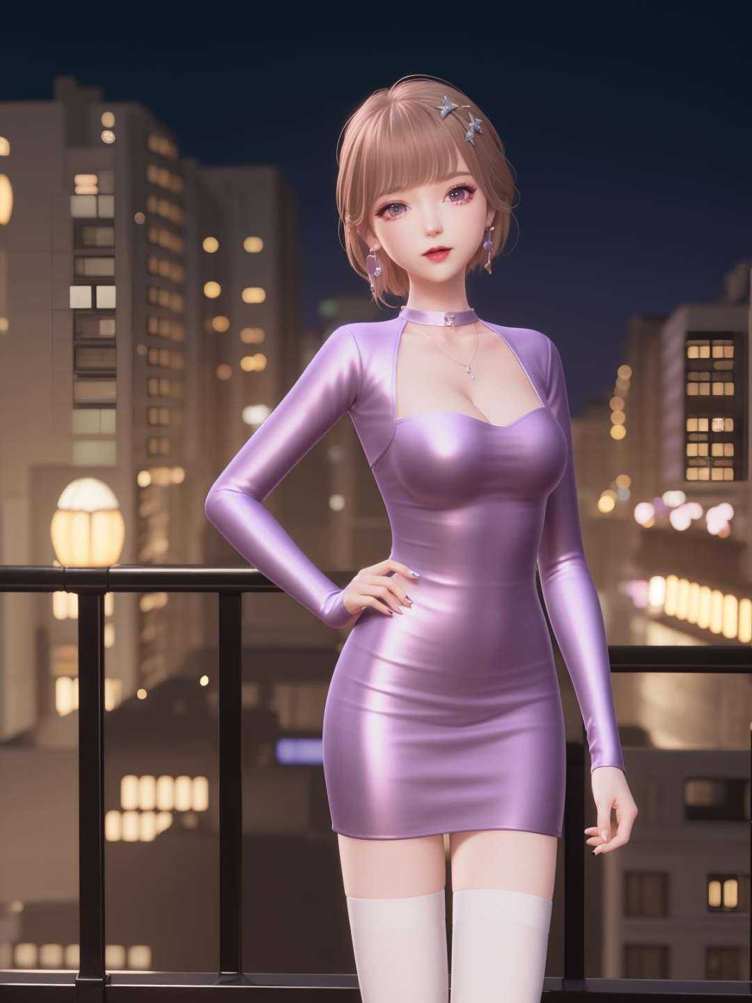 SYNNmimengye, 1girl, solo, jewelry,purple eyes, brown hair, earrings, breasts,white thighhighs, necklace,hair ornament,bangs, short hair, long sleeves, purple dress,  <lora:SYNNmimengye:0.75>,cityscape, night,looking at viewer, mature female, hand on hip, obesity,