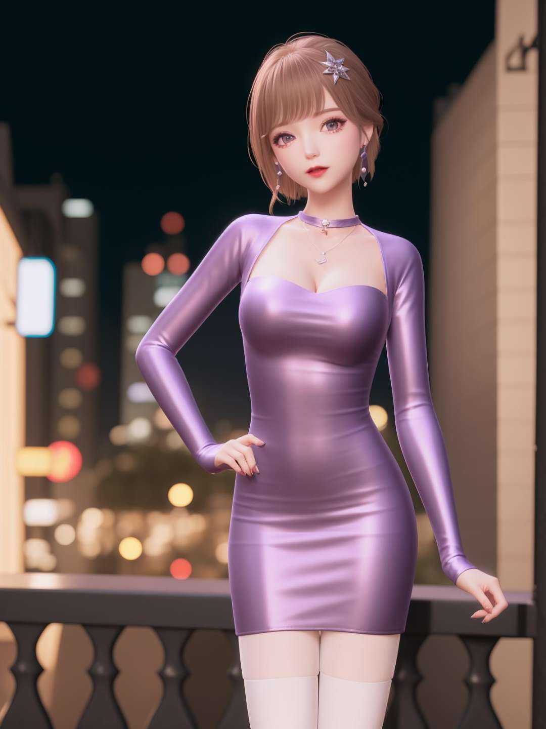 SYNNmimengye, 1girl, solo, jewelry,purple eyes, brown hair, earrings, breasts,white thighhighs, necklace,hair ornament,bangs, short hair, long sleeves, purple dress,  <lora:SYNNmimengye:0.75>,cityscape, night,looking at viewer, mature female, hand on hip, obesity,