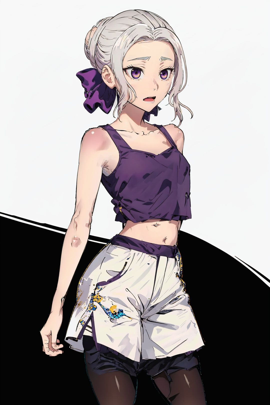 (extremely detailed CG unity 8k wallpaper), (masterpiece), (best quality), (ultra-detailed), (best illustration), (best shadow), (absurdres),cowboy shot,1girl, solo, shino,purple eyes, skirt, looking at viewer,(white background:1.2),ribbon, from side,**** top, dolphin shorts,  hair ribbon,closed mouth, purple ribbon, white hair,black pantyhose,rolling eyes,blank eyes,serafuku