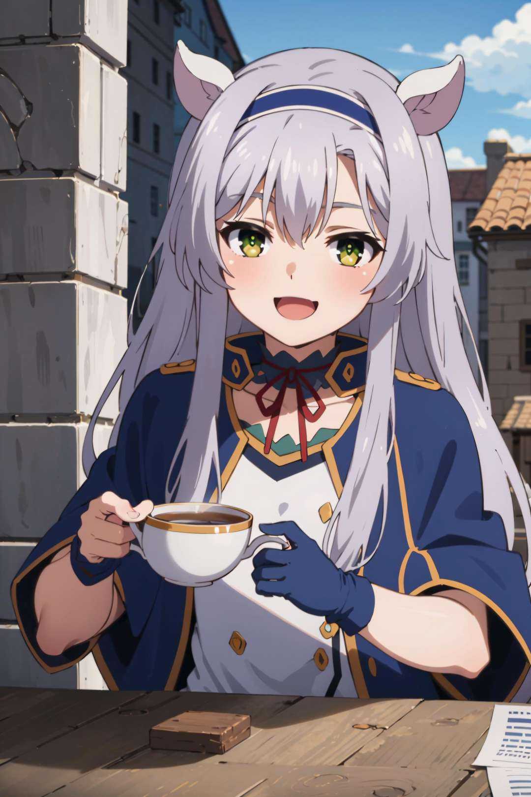 best quality, (masterpiece:1.2), detailed, medieval,<lora:chara_Rokuaka_SistineFibel_v1:0.8>, Sistine Fibel,1girl, solo, smile, open mouth,long hair, grey hair, green eyes, blue hairband, animal ears, portrait, half-closed eyes,school uniform, blue capelet, white shirt, blue choker, red ribbon, gloves,sitting, holding tea, looking at the viewer,outdoors, castle