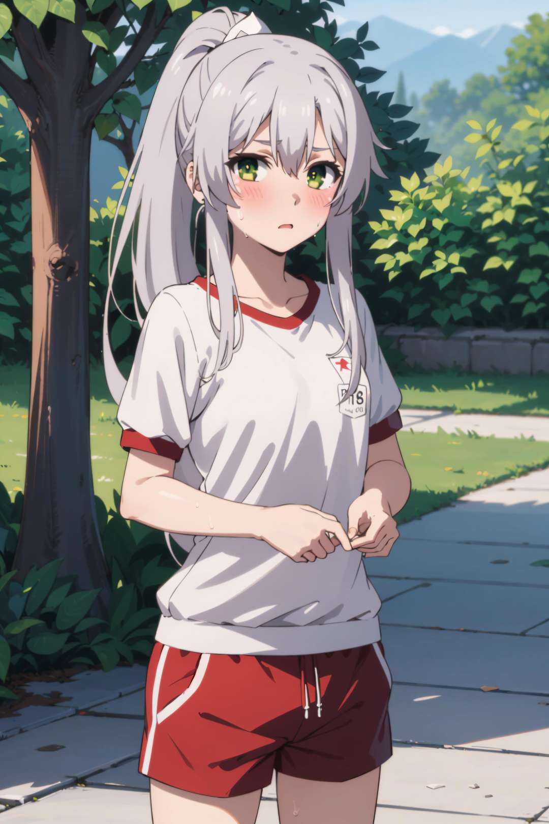 best quality, (masterpiece:1.2), detailed,<lora:chara_Rokuaka_SistineFibel_v1:0.8>, Sistine Fibel,1girl, solo, blush, sweat,long hair, ponytail, grey hair, green eyes, gym clothes, white shirt, red shorts,standing, looking at the viewer, outdoors, park