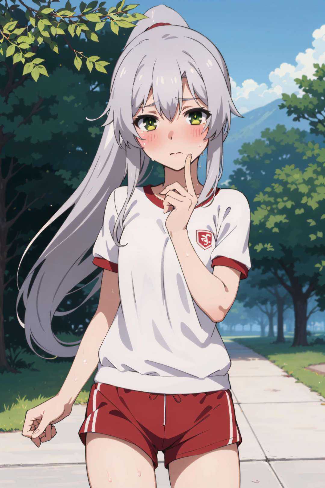 best quality, (masterpiece:1.2), detailed,<lora:chara_Rokuaka_SistineFibel_v1:0.8>, Sistine Fibel,1girl, solo, blush, sweat,long hair, ponytail, grey hair, green eyes, gym clothes, white shirt, red shorts,standing, looking at the viewer, outdoors, park