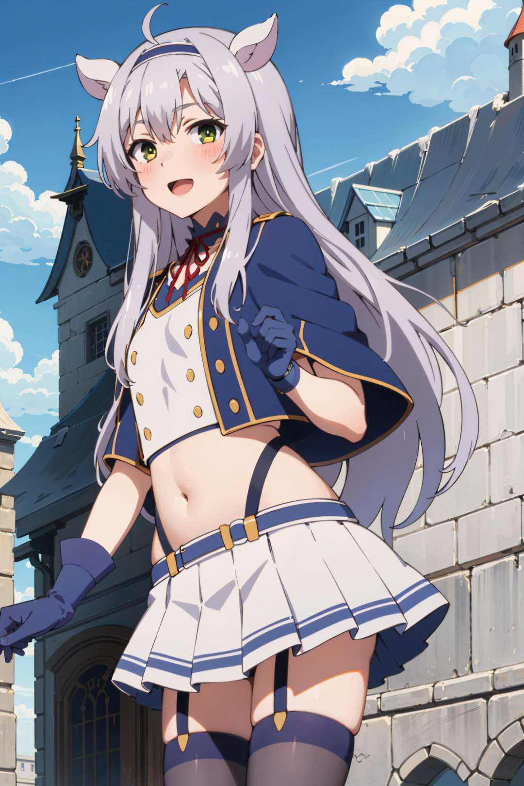 best quality, (masterpiece:1.2), detailed, medieval,<lora:chara_Rokuaka_SistineFibel_v1:0.8>, Sistine Fibel,1girl, solo, open mouth, light smile, blush,long hair, grey hair, green eyes, blue hairband, animal ears,school uniform, suspenders, blue capelet, white shirt, blue choker, red ribbon, miniskirt, white skirt, navel, gloves, blue thighhighs,standing, from angle, looking at the viewer,outdoors, castle