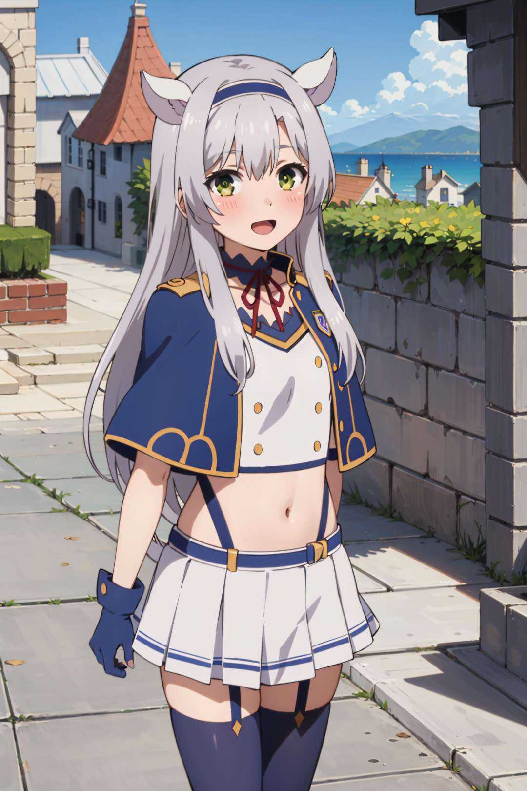 best quality, (masterpiece:1.2), detailed, medieval,<lora:chara_Rokuaka_SistineFibel_v1:0.8>, Sistine Fibel,1girl, solo, open mouth, light smile, blush,long hair, grey hair, green eyes, blue hairband, animal ears,school uniform, suspenders, blue capelet, white shirt, blue choker, red ribbon, miniskirt, white skirt, navel, gloves, blue thighhighs,standing, from angle, looking at the viewer,outdoors, castle