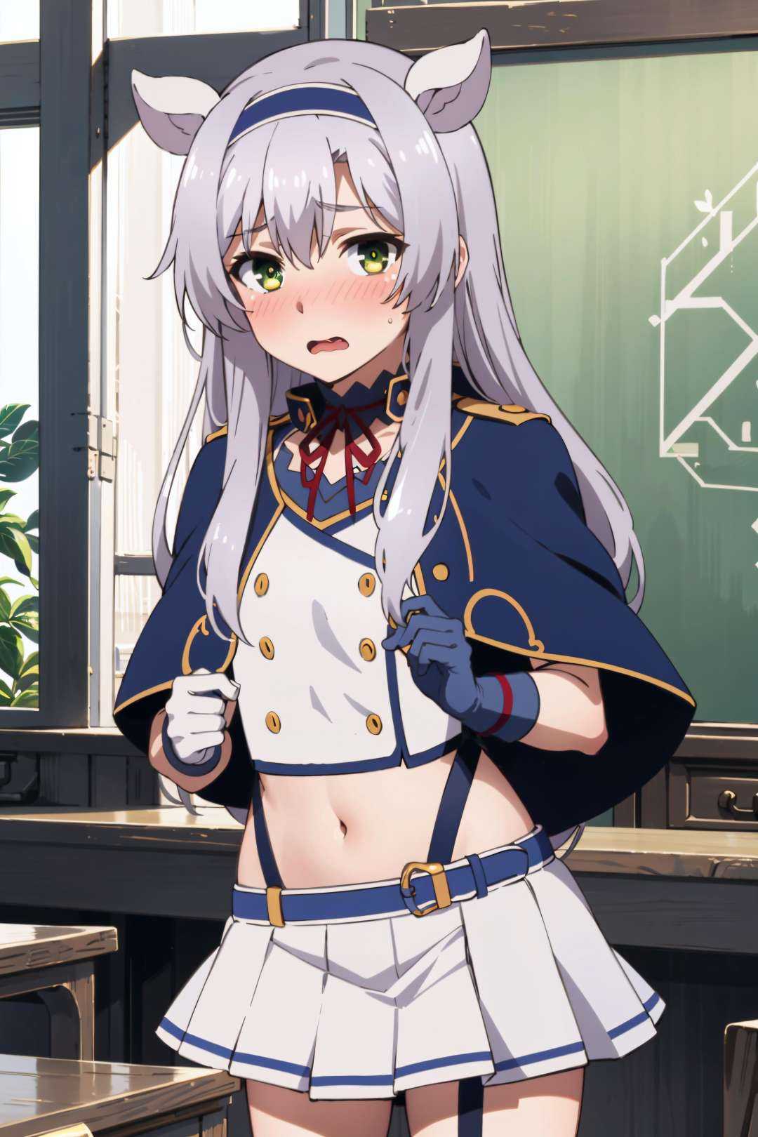 best quality, (masterpiece:1.2), detailed,<lora:chara_Rokuaka_SistineFibel_v1:0.8>, Sistine Fibel,1girl, solo, open mouth, wavy mouth, nose blush, embarrassed,long hair, grey hair, green eyes, blue hairband, animal ears,school uniform, suspenders, blue capelet, white shirt, blue choker, red ribbon, miniskirt, white skirt, navel, gloves,standing, looking at the viewer,indoors, classroom