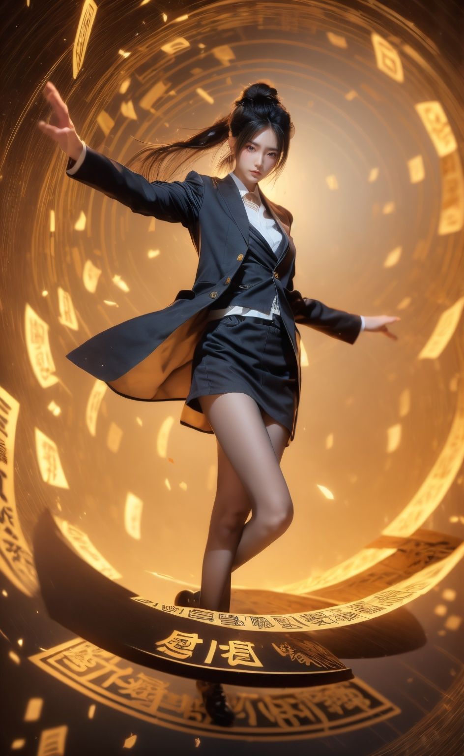 looking_at_viewer,(Low angle shooting, ultra wide angle shooting), a girl in uniform stands in the air, in a suit set, surrounded by golden runes, black hair, long hair, messy hair, (facial focus), exquisite eyebrows, beautiful facial features, (upper body close-up photo: 1.2), sparkling runes, blue Hanfu, (surrounded by rotating long scroll: 1.2), (floating transparent Chinese characters), dynamic movements, Best picture quality, 3D rendering, up view, ultra wide angle, fisheye, lens focus, ultra realistic and detailed, high detail texture, ultra high quality, 16k,Daofa Rune,Flowing scroll,yanlingji,wearing a black suit jacket, medium breasts, short skirt,black pantyhose,serafuku