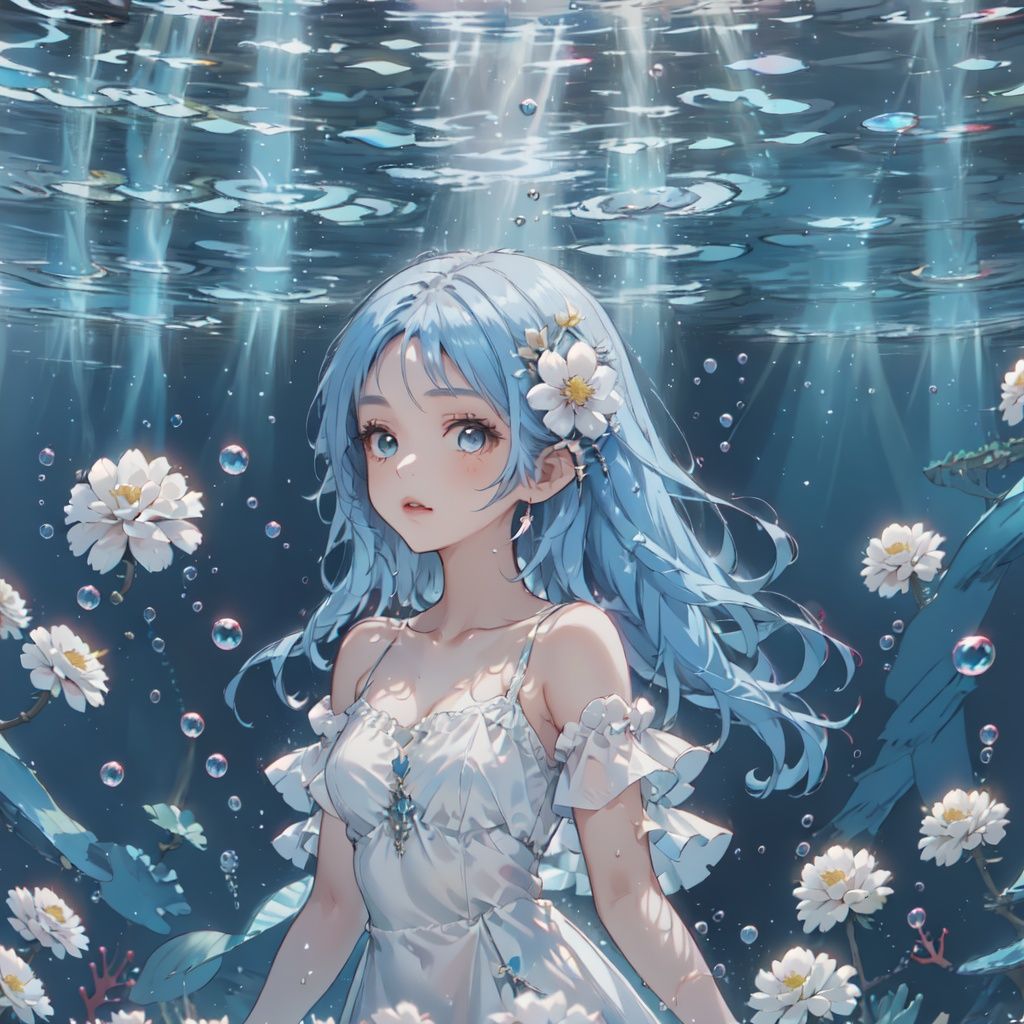 1girl, flower, solo, hair flower, bubble, hair ornament, gem, long hair, blue hair, blue eyes, dress, breasts, white flower, white dress, collarbone, underwater, air bubble, bare shoulders, sunlight, upper body, bangs, parted bangs, lips, water, caustics, light rays, detached sleeves, sleeveless dress