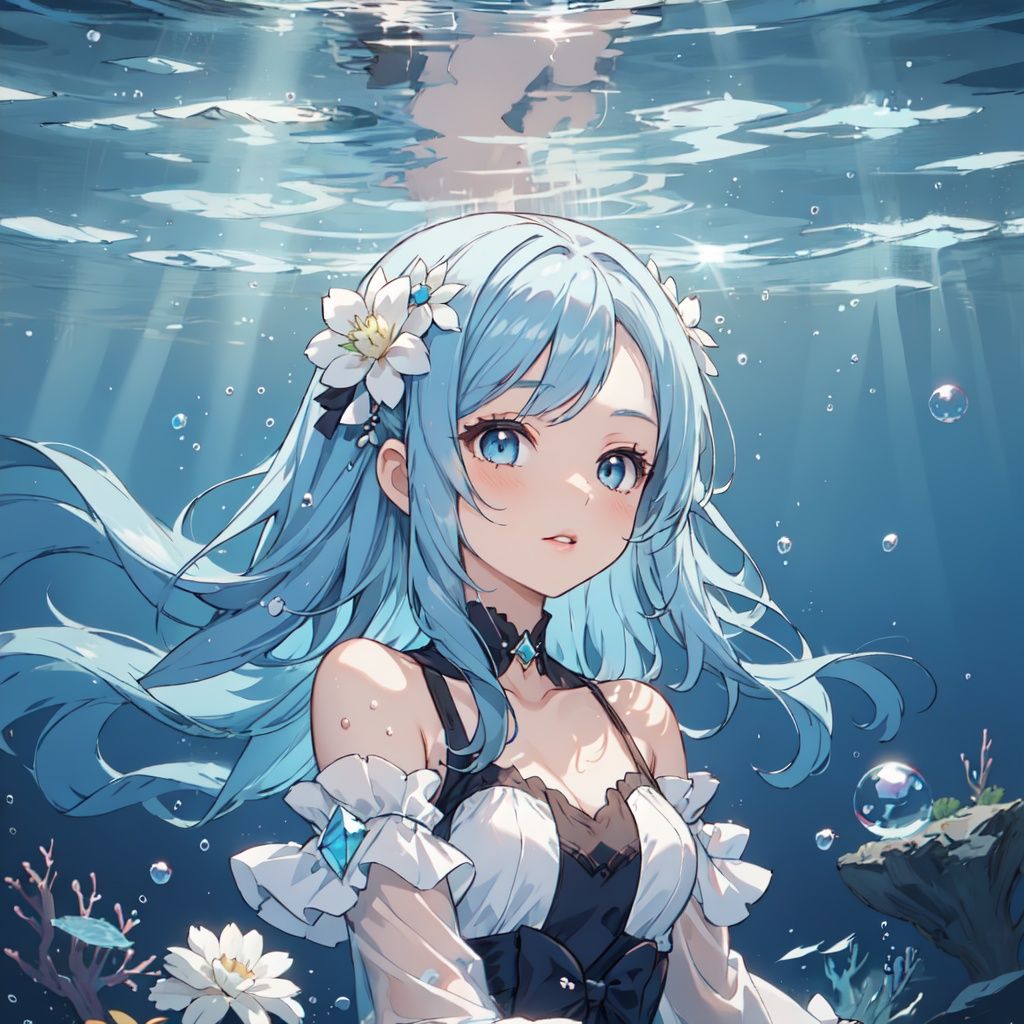 1girl, flower, solo, hair flower, bubble, hair ornament, gem, long hair, blue hair, blue eyes, dress, breasts, white flower, white dress, collarbone, underwater, air bubble, bare shoulders, sunlight, upper body, bangs, parted bangs, lips, water, caustics, light rays, detached sleeves, sleeveless dress