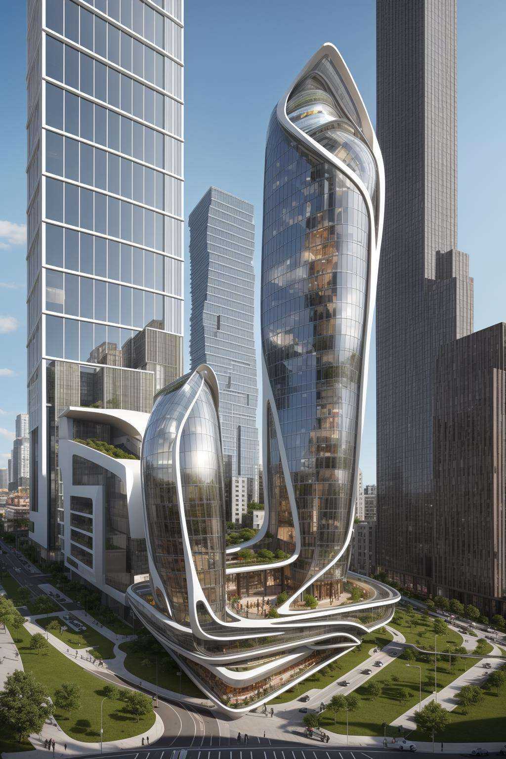 A futuristic and stunningly beautiful high-rise shopping center architectural structure with bold,  futuristic design elem...