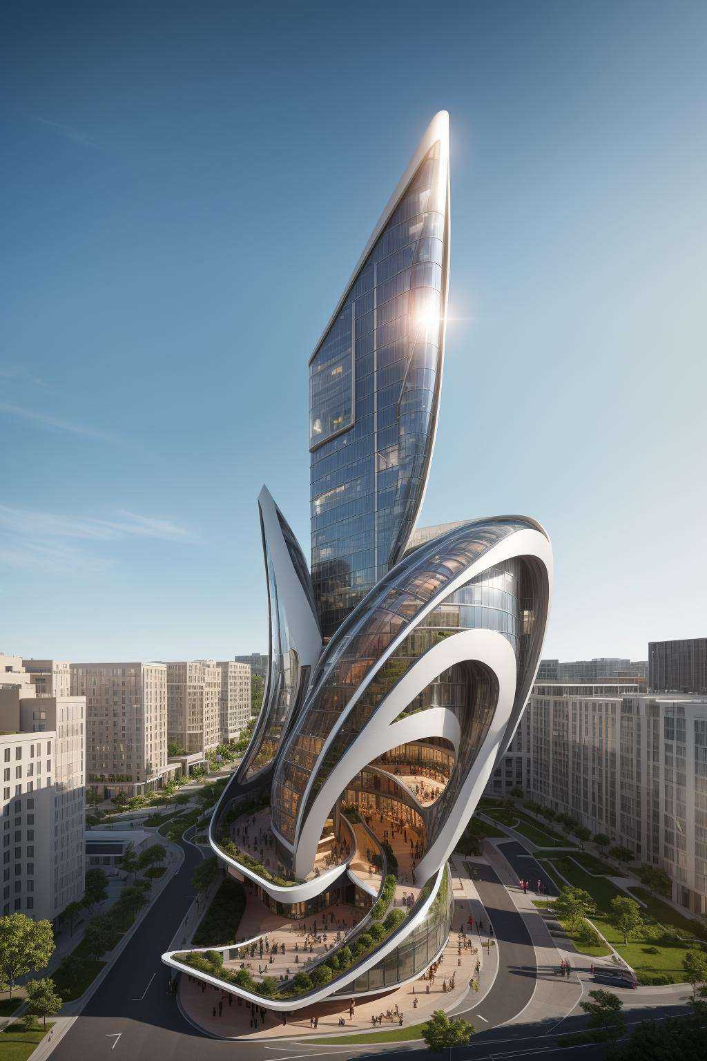 A futuristic and stunningly beautiful high-rise shopping center architectural structure with bold,  futuristic design elem...