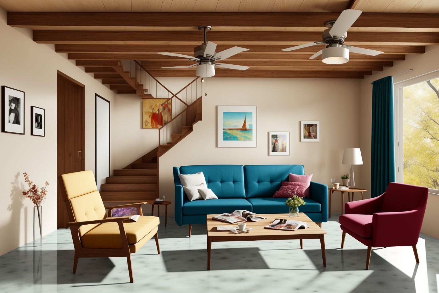 Indoors living room portrayed in the art form of Illustration. Drawing inspiration from the sketches of Mary Blair,  the s...