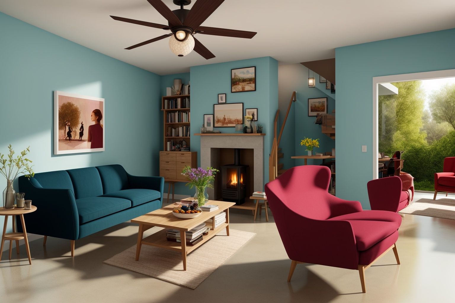 Indoors living room portrayed in the art form of Illustration. Drawing inspiration from the sketches of Mary Blair,  the s...