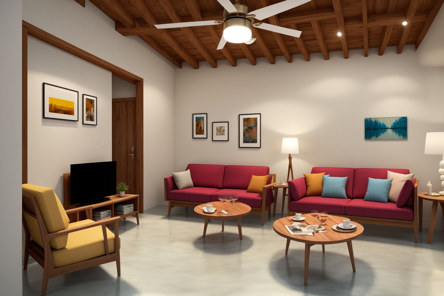 Indoors living room portrayed in the art form of Illustration. Drawing inspiration from the sketches of Mary Blair,  the s...