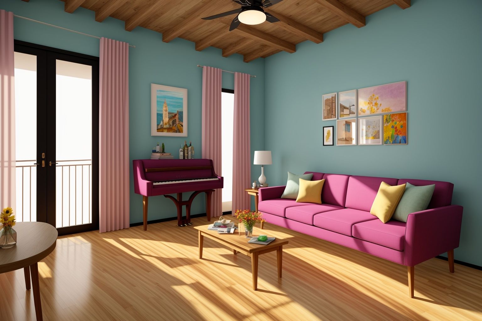 Indoors living room portrayed in the art form of Illustration. Drawing inspiration from the sketches of Mary Blair,  the s...