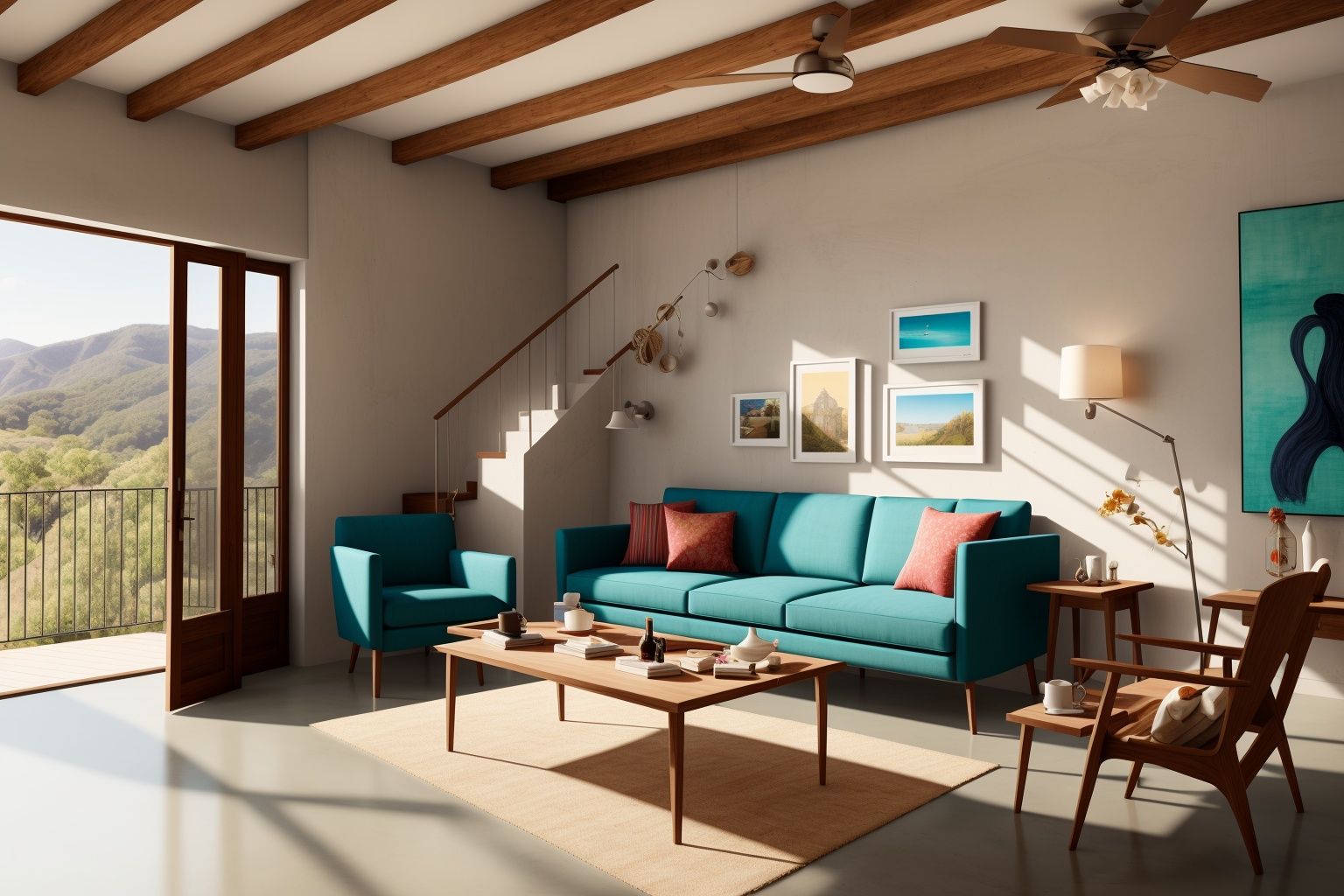 Indoors living room portrayed in the art form of Illustration. Drawing inspiration from the sketches of Mary Blair,  the s...