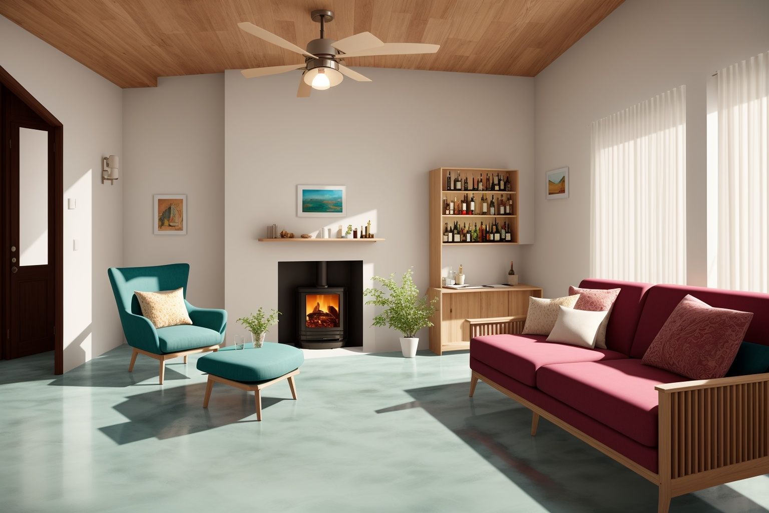 Indoors living room portrayed in the art form of Illustration. Drawing inspiration from the sketches of Mary Blair,  the s...