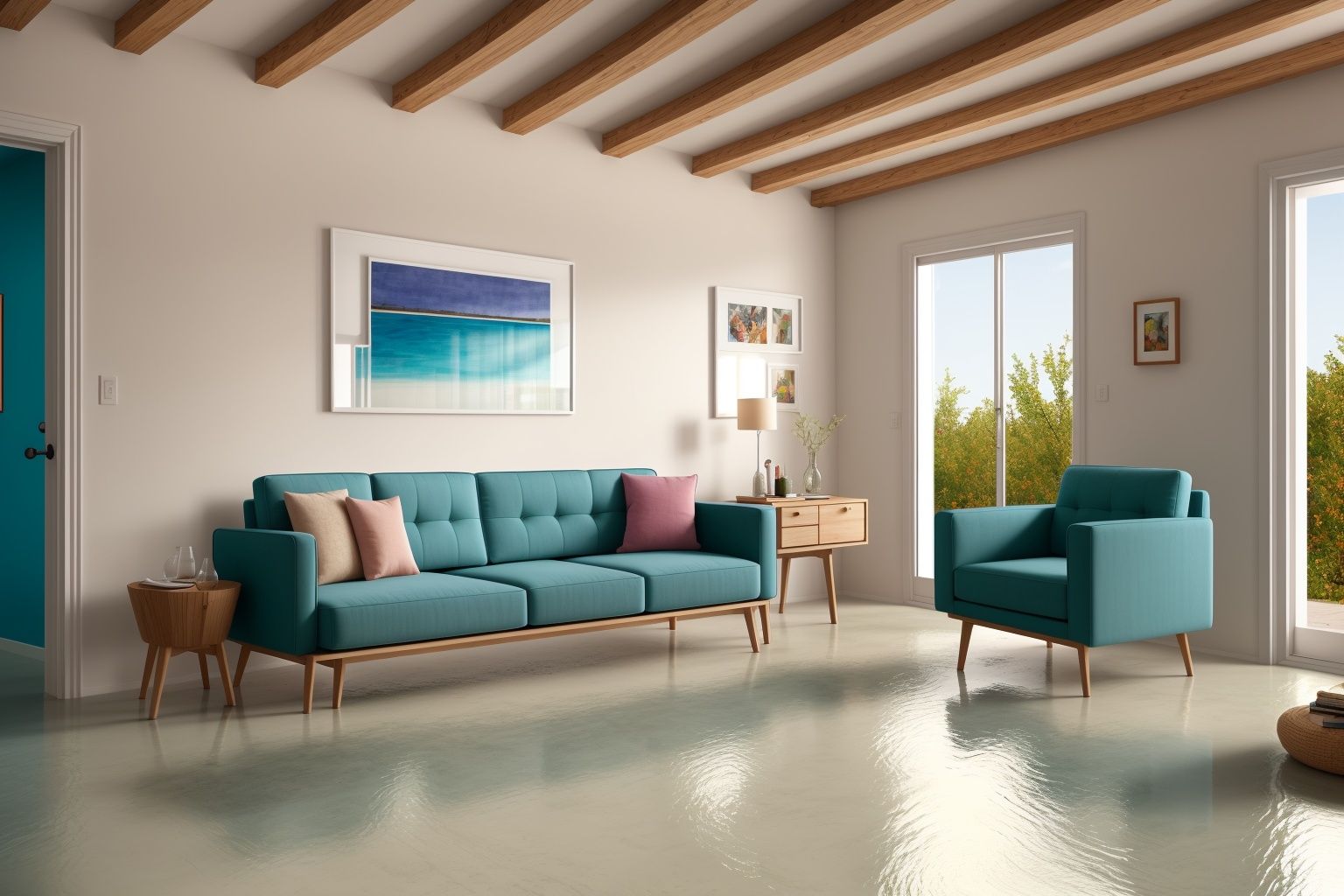 Indoors living room portrayed in the art form of Illustration. Drawing inspiration from the sketches of Mary Blair,  the s...