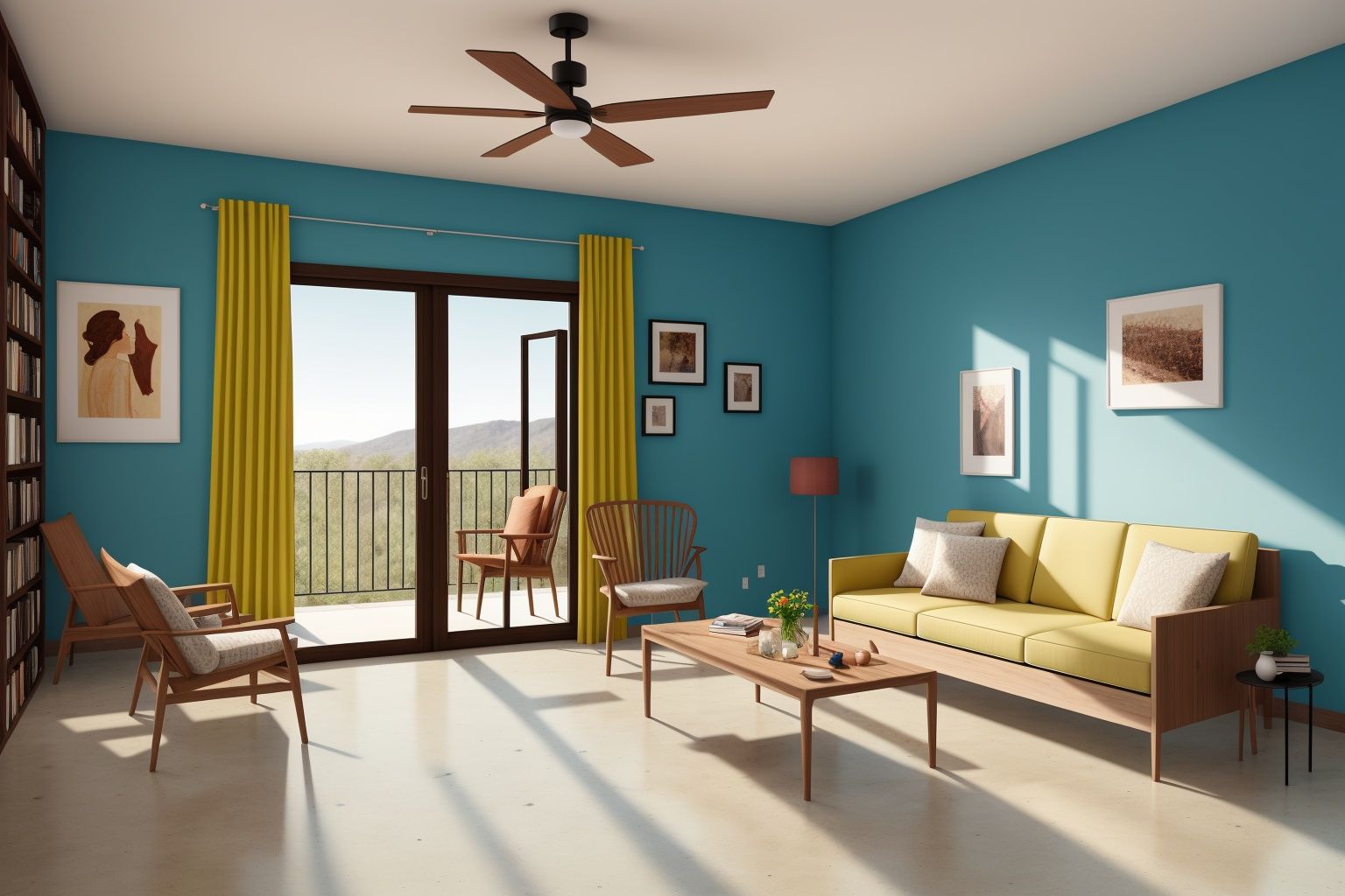 Indoors living room portrayed in the art form of Illustration. Drawing inspiration from the sketches of Mary Blair,  the s...
