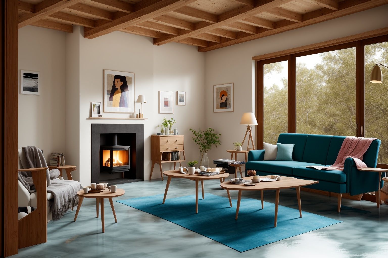 Indoors living room portrayed in the art form of Illustration. Drawing inspiration from the sketches of Mary Blair,  the s...