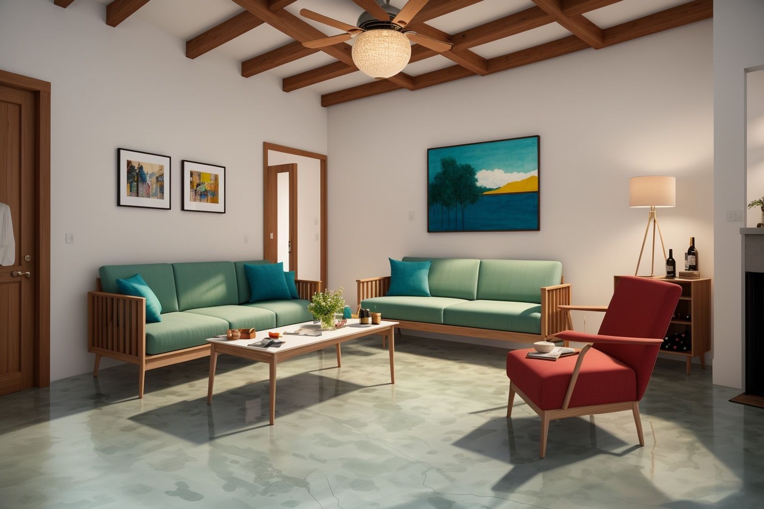 Indoors living room portrayed in the art form of Illustration. Drawing inspiration from the sketches of Mary Blair,  the s...