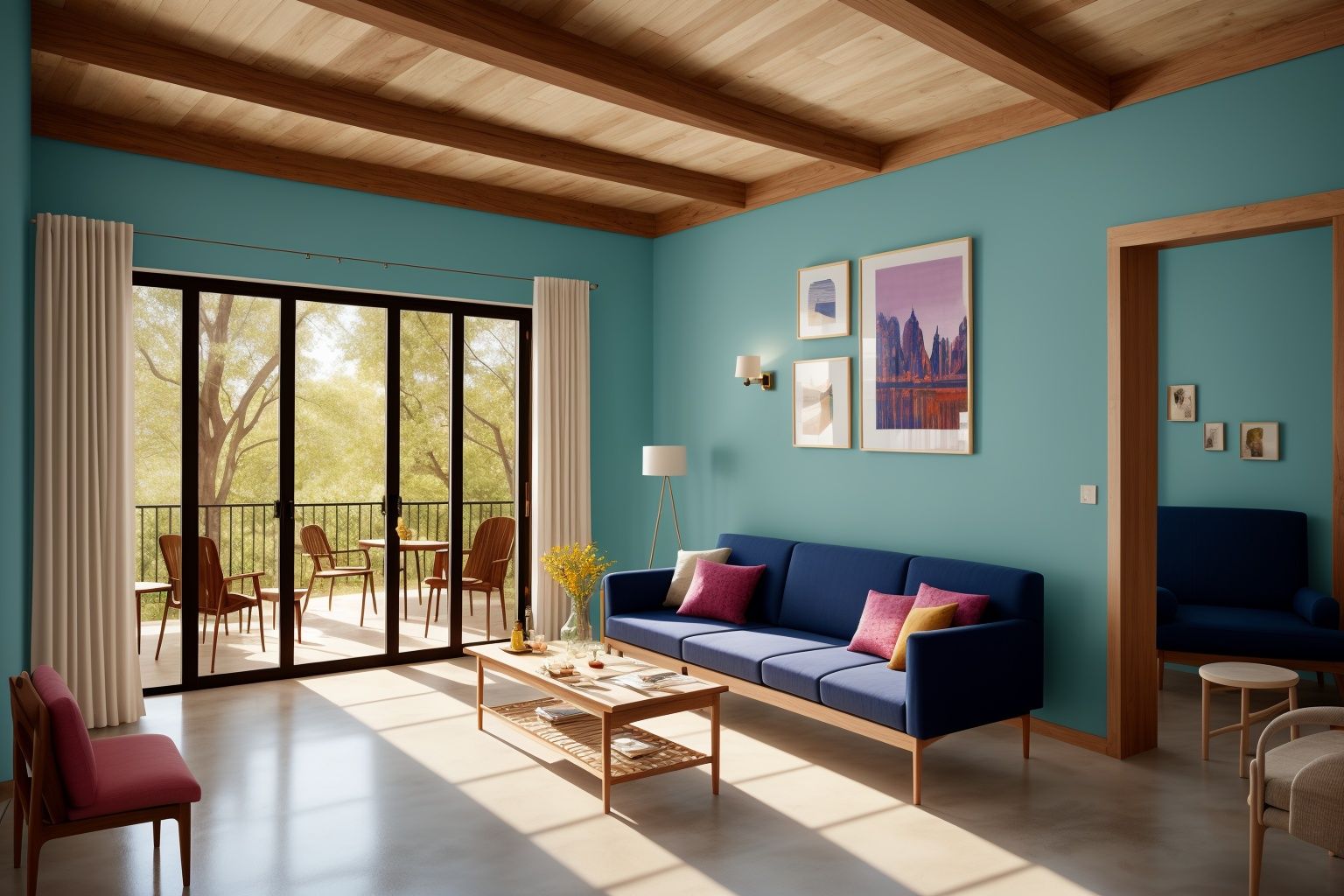 Indoors living room portrayed in the art form of Illustration. Drawing inspiration from the sketches of Mary Blair,  the s...