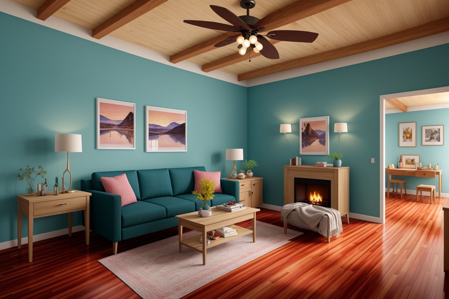 Indoors living room portrayed in the art form of Illustration. Drawing inspiration from the sketches of Mary Blair,  the s...