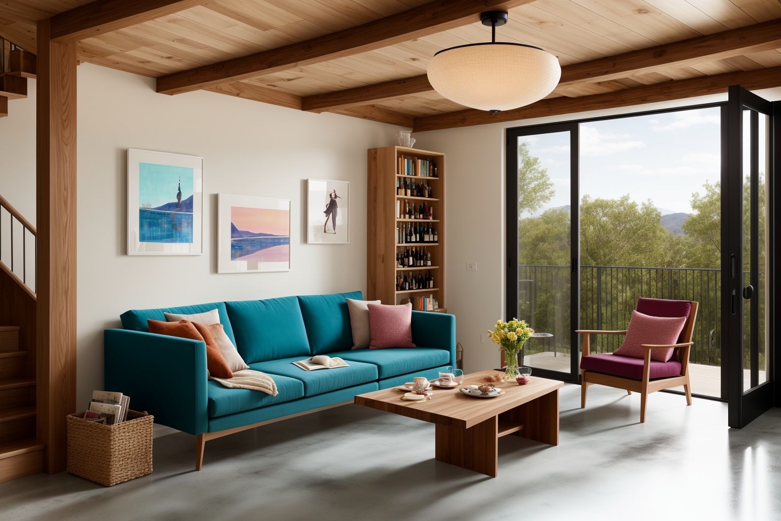 Indoors living room portrayed in the art form of Illustration. Drawing inspiration from the sketches of Mary Blair,  the s...