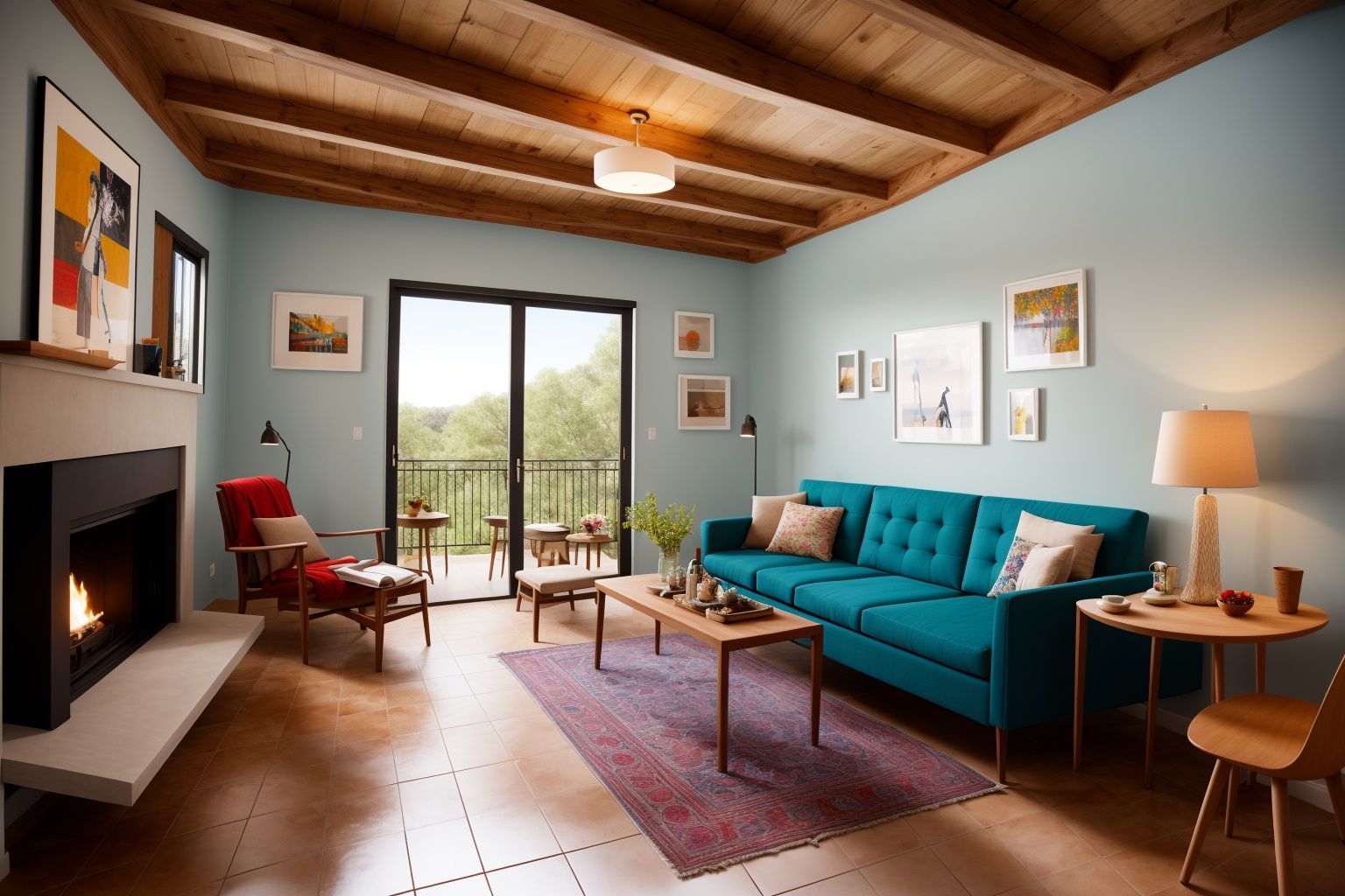Indoors living room portrayed in the art form of Illustration. Drawing inspiration from the sketches of Mary Blair,  the s...