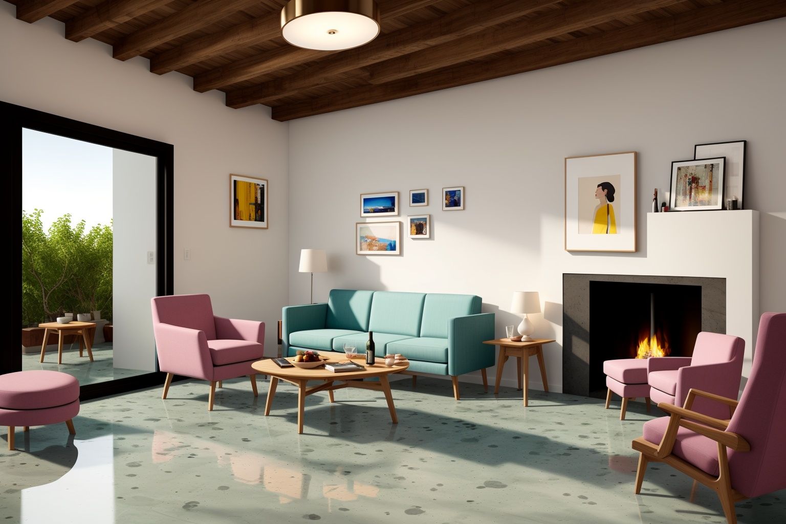 Indoors living room portrayed in the art form of Illustration. Drawing inspiration from the sketches of Mary Blair,  the s...