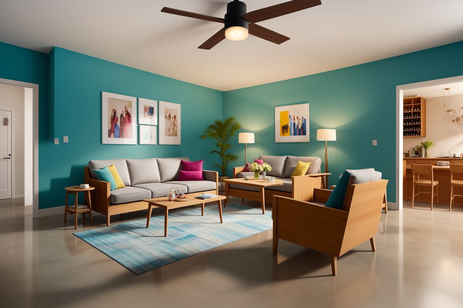 Indoors living room portrayed in the art form of Illustration. Drawing inspiration from the sketches of Mary Blair,  the s...