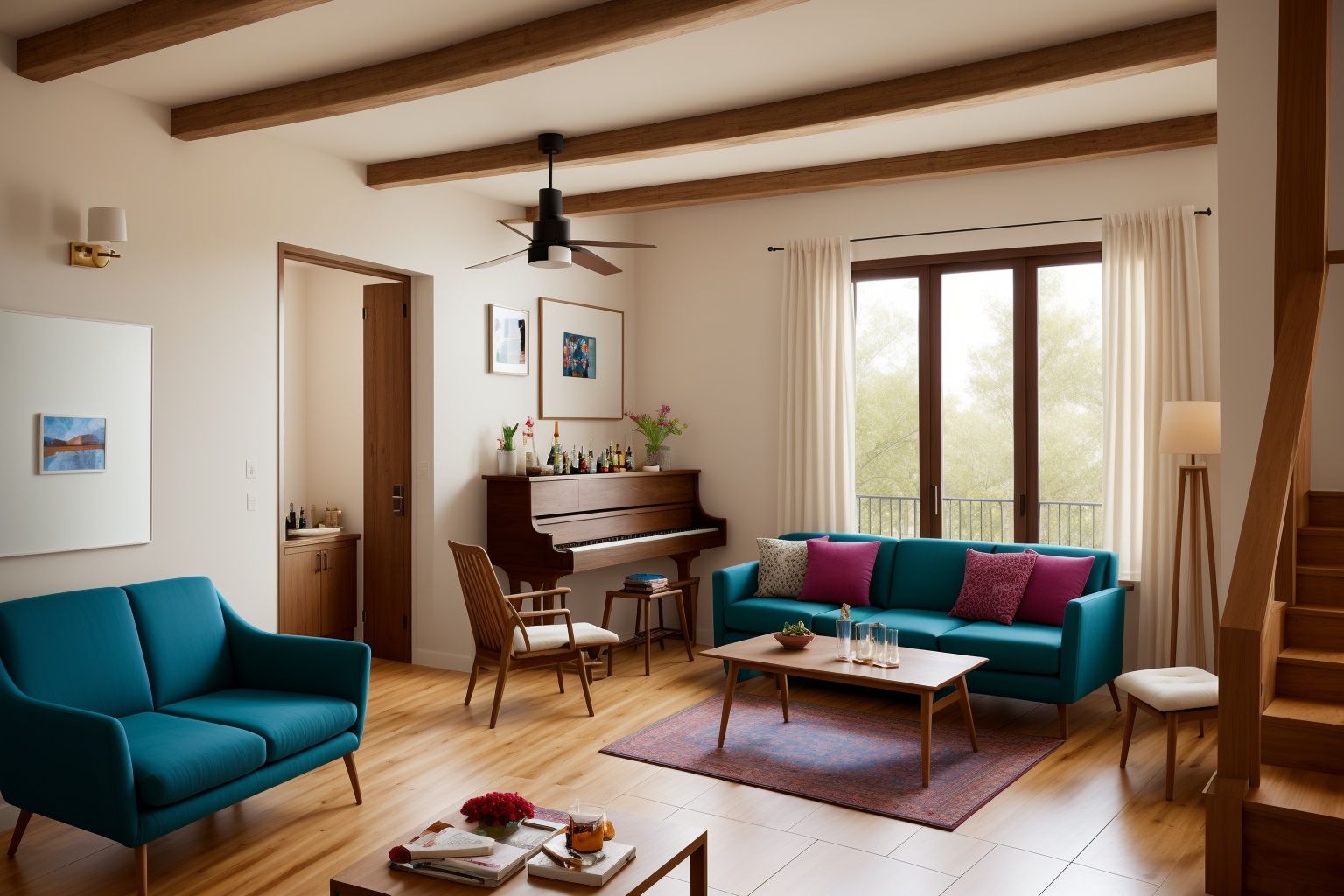 Indoors living room portrayed in the art form of Illustration. Drawing inspiration from the sketches of Mary Blair,  the s...