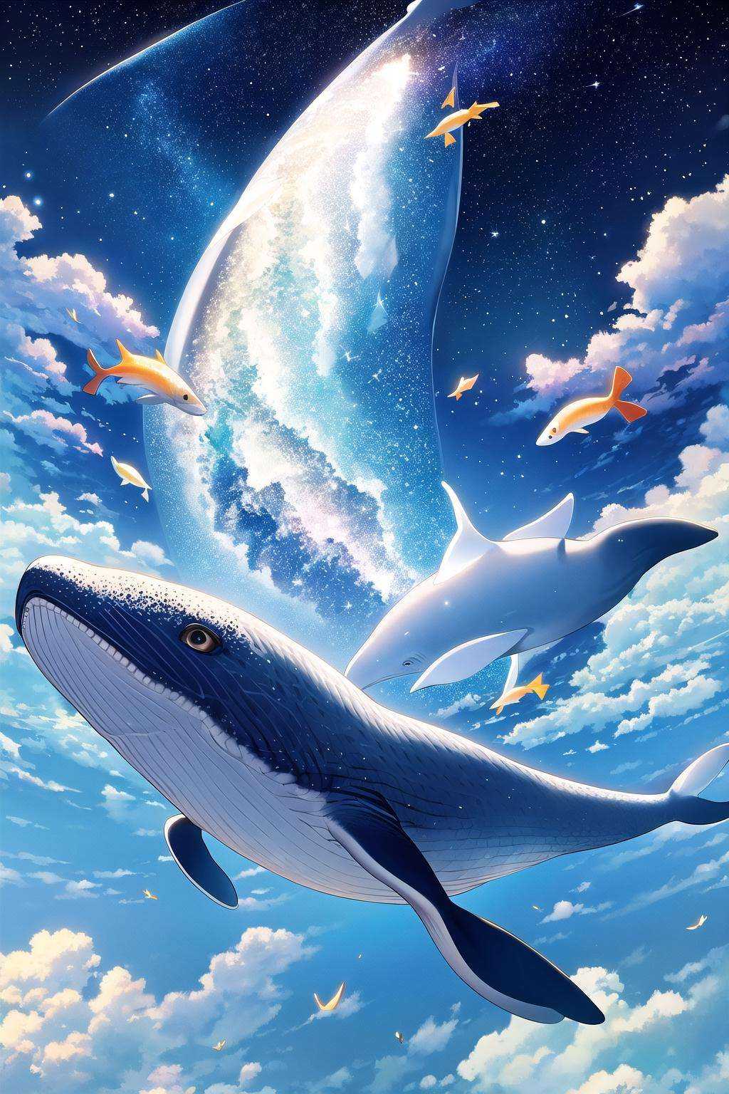 masterpiece, best quality, scenery, whale, fish, starry sky, galaxy, cosmos, fantasy, floating object|fish, backlight, shadow