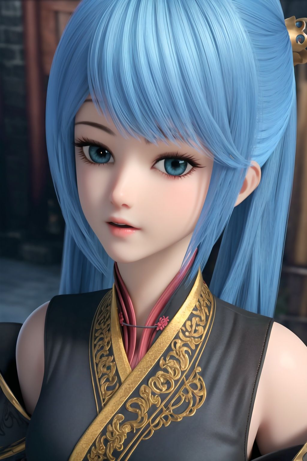 (8k, RAW photo, best quality, masterpiece:1.2),(realistic, photorealistic:1.3), ultra-detailed, extremely detailed cg 8k wallpaper,(crystalstexture skin:1.2), extremely delicate and beautiful, 1girl, blue_hair,  solo, hair_ornament, 3d,(full shot), (breasts, medium breasts, cleavage), looking_at_viewer,  