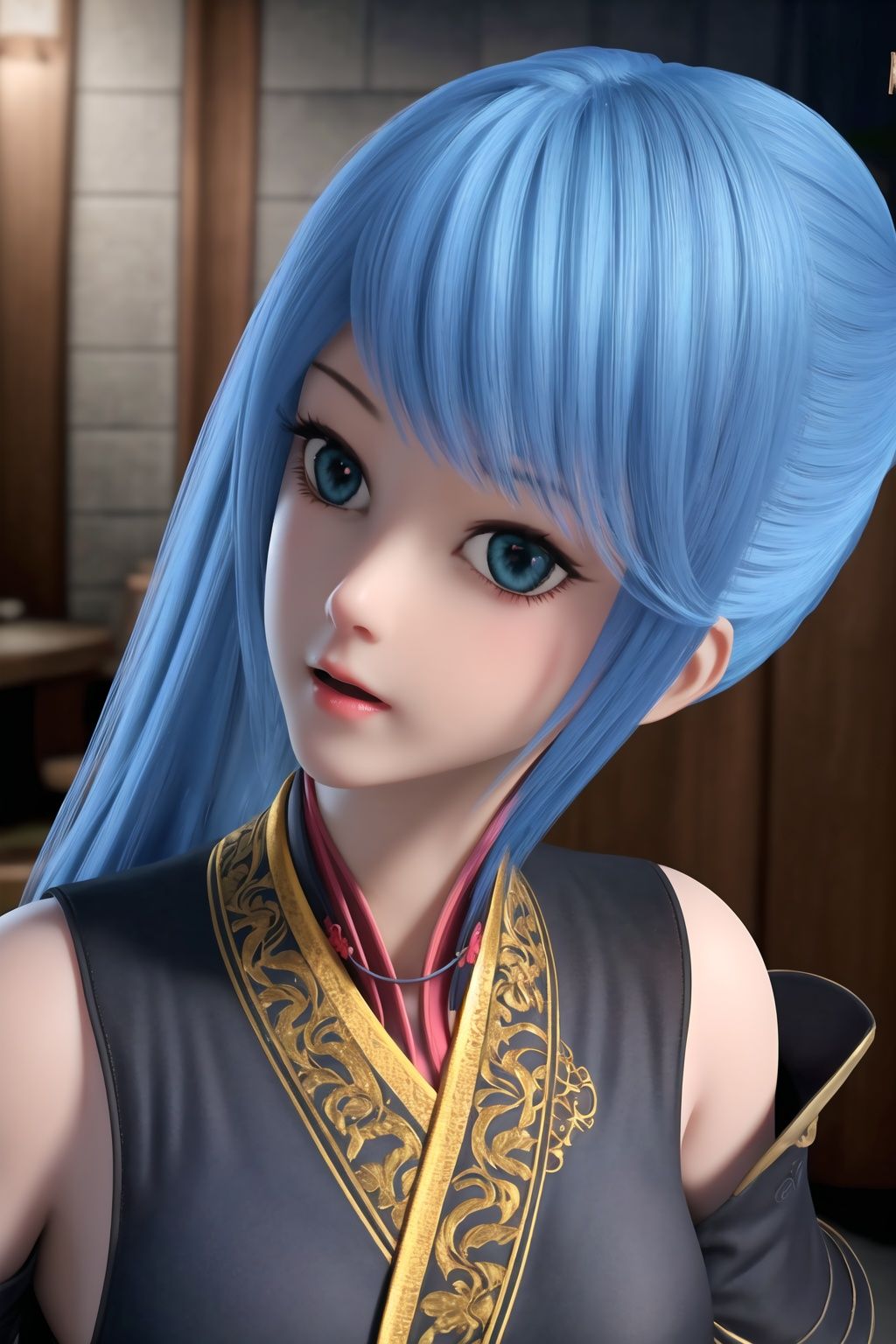 (8k, RAW photo, best quality, masterpiece:1.2),(realistic, photorealistic:1.3), ultra-detailed, extremely detailed cg 8k wallpaper,(crystalstexture skin:1.2), extremely delicate and beautiful,1girl,  solo,  long_hair, blue_hair, (full shot), (breasts, medium breasts, cleavage), looking_at_viewer,  