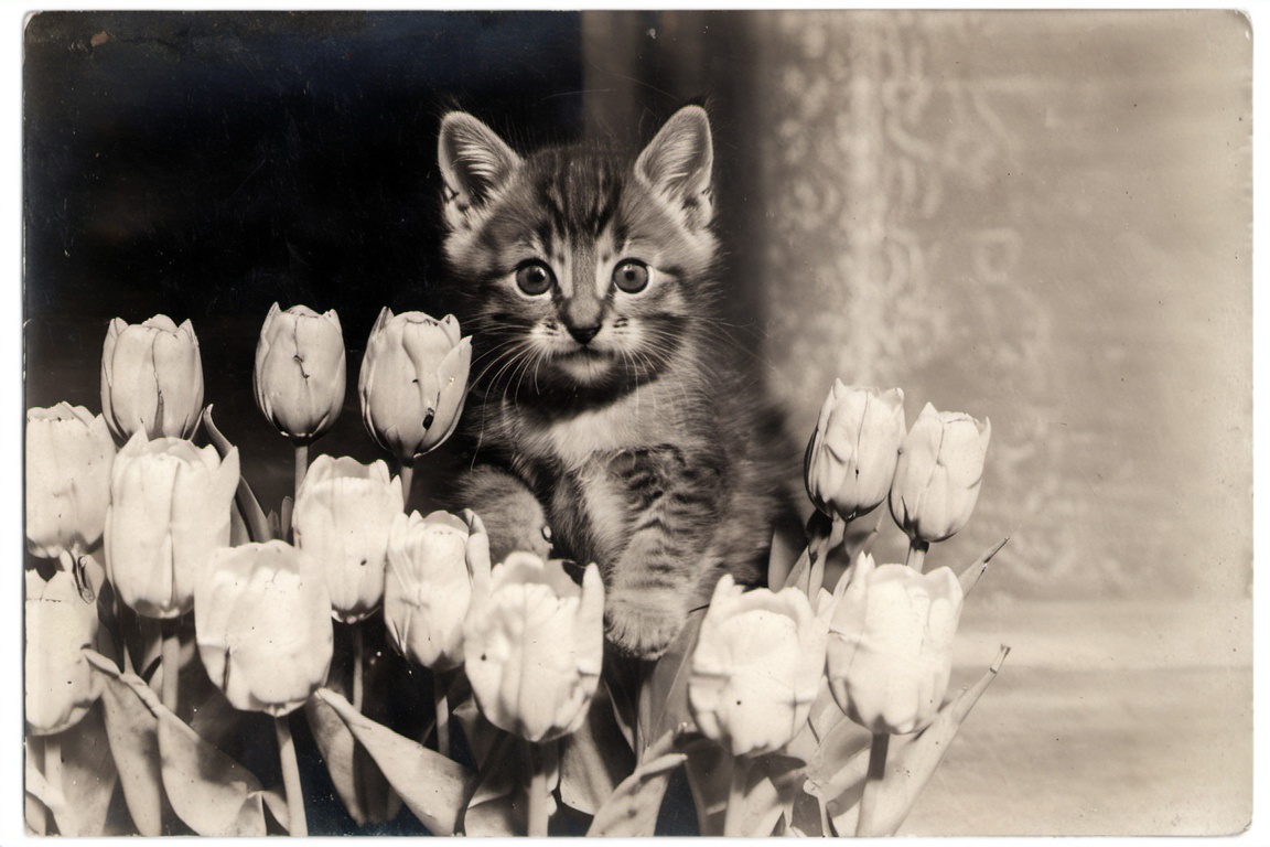 a tiny adorable kitten,  playing in the tulips,  close shot on Tensor.Art